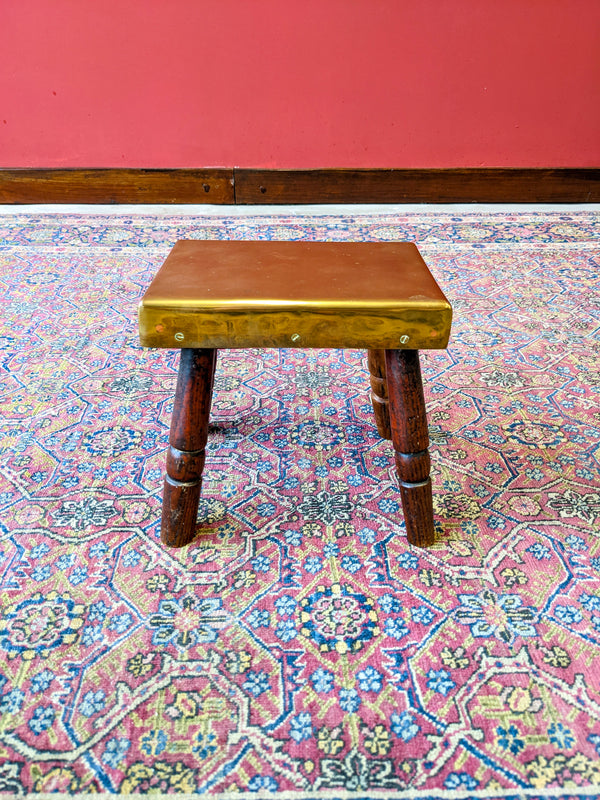 Small Antique 19th Century Brass Topped Oak Footstool