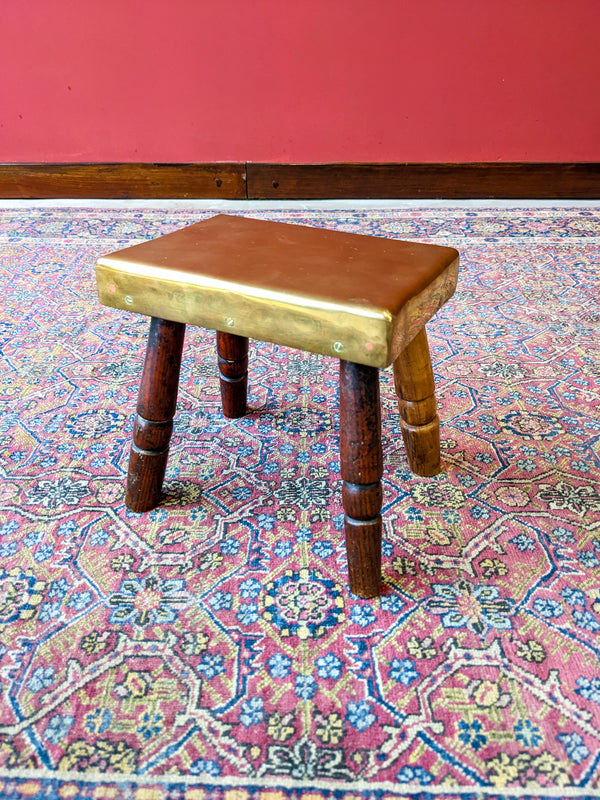 Small Antique 19th Century Brass Topped Oak Footstool