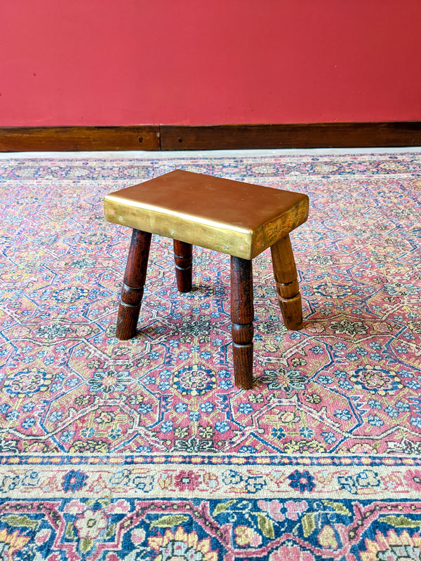 Small Antique 19th Century Brass Topped Oak Footstool