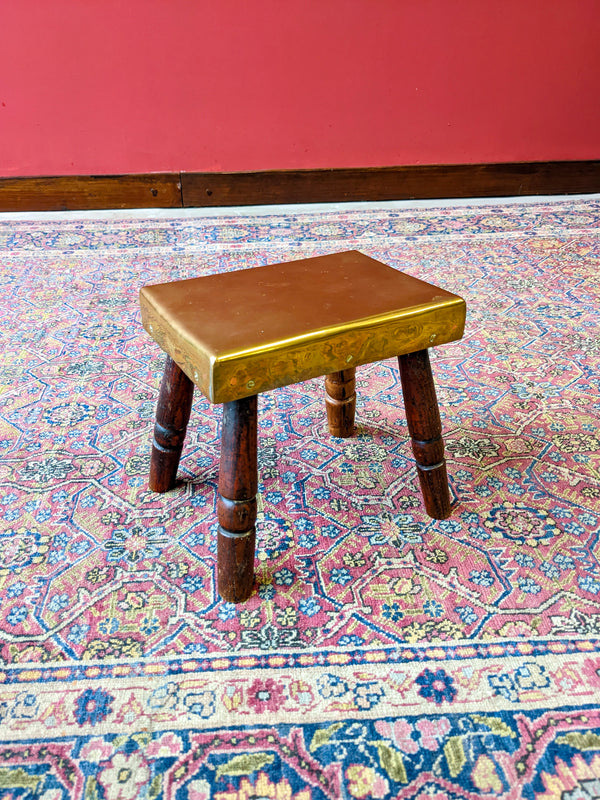 Small Antique 19th Century Brass Topped Oak Footstool