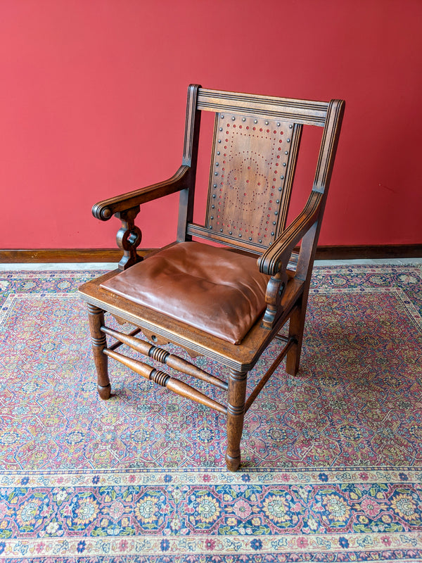 Antique Mahogany & Leather Seat Arts & Crafts Armchair / Desk Chair