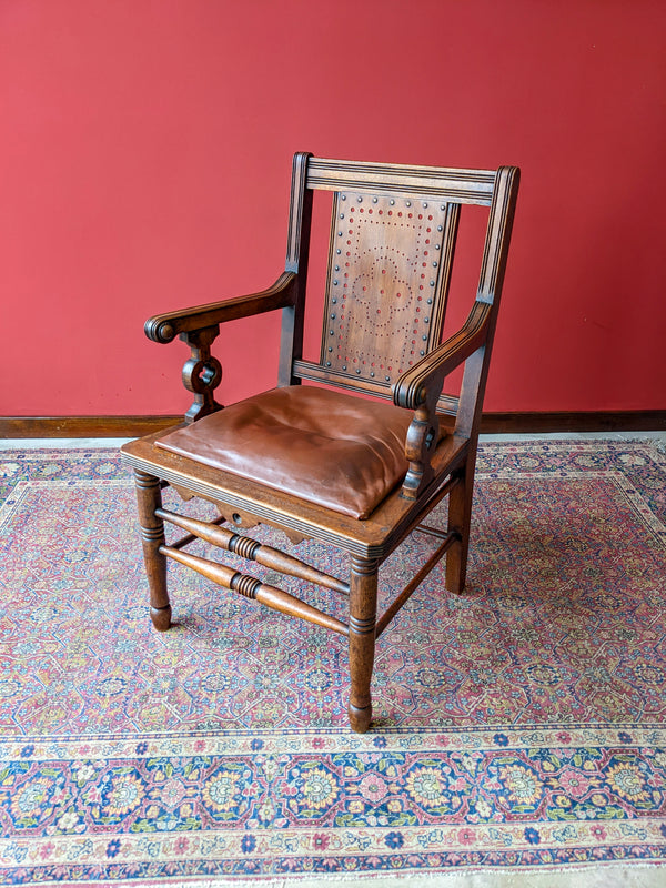 Antique Mahogany & Leather Seat Arts & Crafts Armchair / Desk Chair