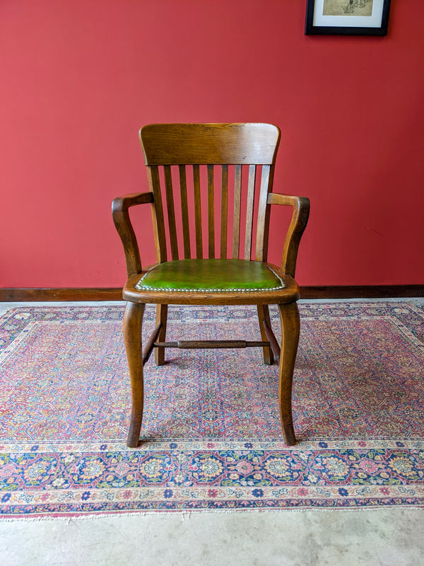 Antique Edwardian Oak Green Leather Office Desk Chair
