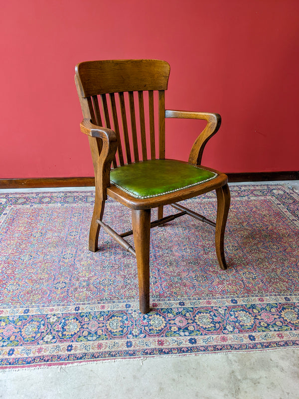Antique Edwardian Oak Green Leather Office Desk Chair