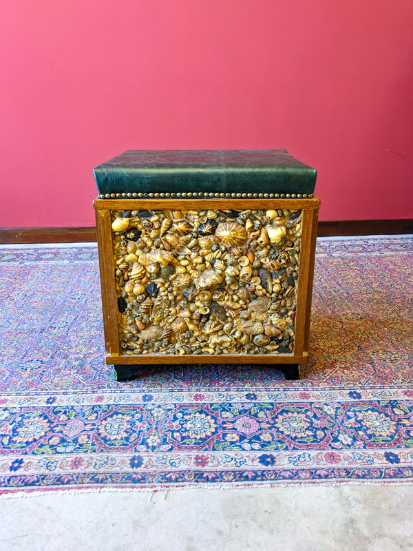 Vintage Mid Century Shell Covered Leather Seat Storage Stool