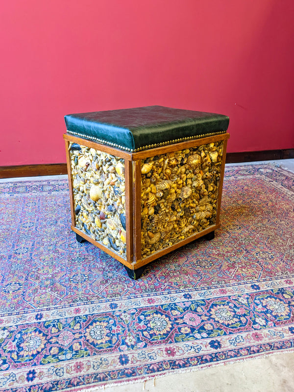 Vintage Mid Century Shell Covered Leather Seat Storage Stool