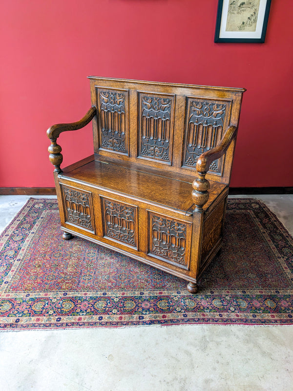 Antique 19th Century Carved Oak Hall Bench / Settle