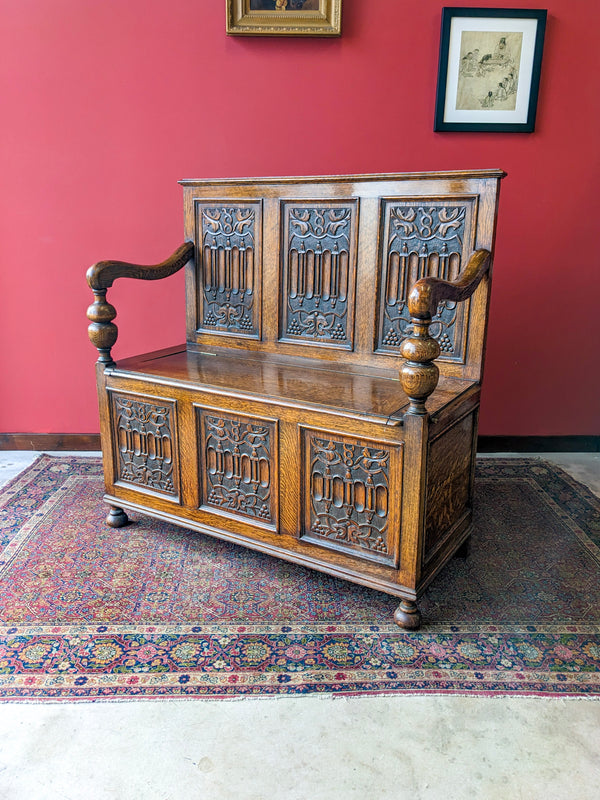 Antique 19th Century Carved Oak Hall Bench / Settle