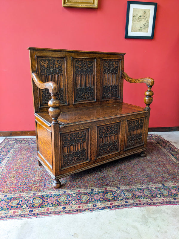 Antique 19th Century Carved Oak Hall Bench / Settle