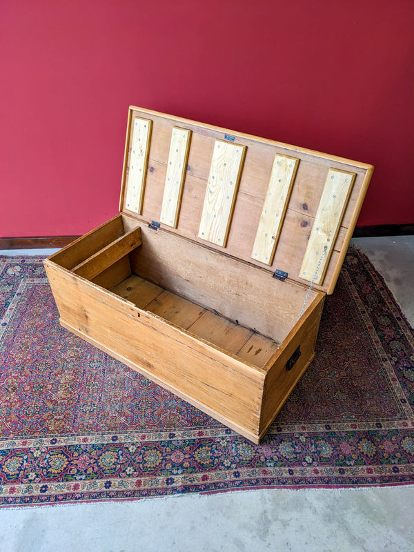 Large Antique Victorian Pine Trunk / Chest / Blanket Box / Coffer / Seat