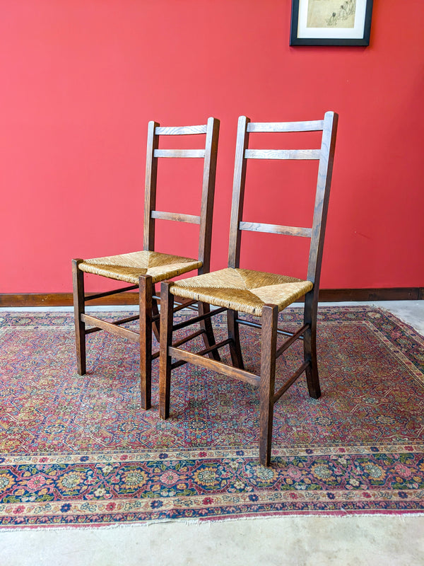 Pair of Antique Arts & Crafts Rush Seat Oak Chairs Circa 1900