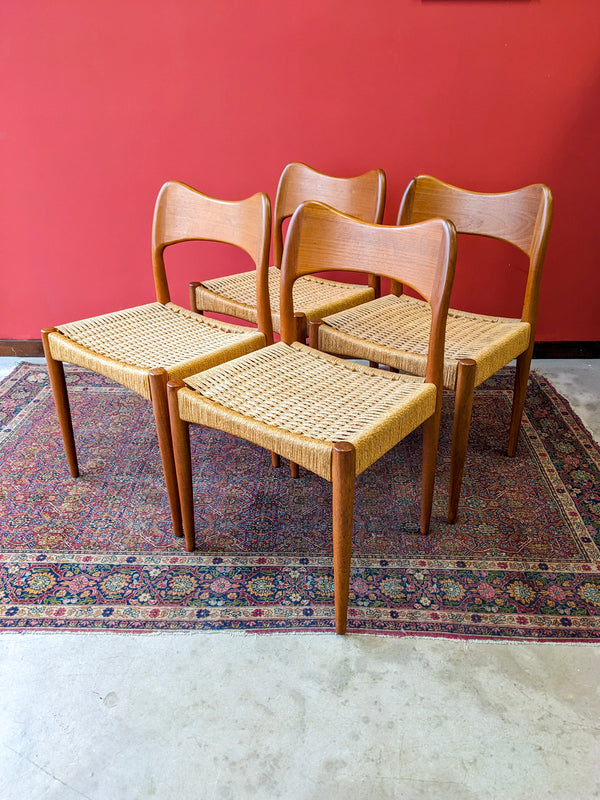 Set of 4 Mid Century Danish Teak Mogens Kold Paper Cord Dining Chairs by Arne Hovmand Olsen