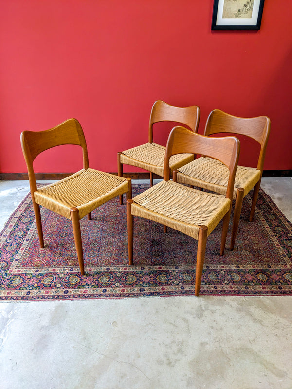 Set of 4 Mid Century Danish Teak Mogens Kold Paper Cord Dining Chairs by Arne Hovmand Olsen