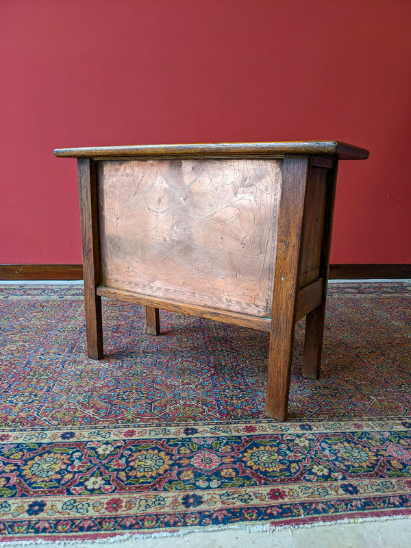 Antique Oak & Copper Risqué Side Table / Bedside