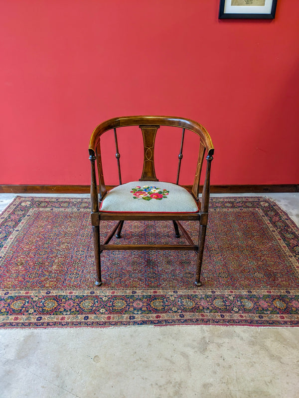 Antique Edwardian Inlaid Mahogany Tapestry Seat Elbow Chair