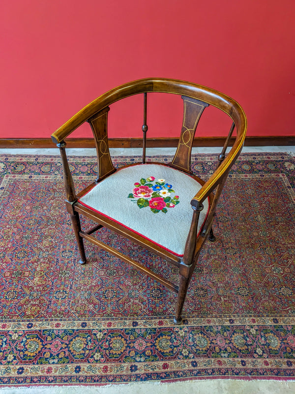 Antique Edwardian Inlaid Mahogany Tapestry Seat Elbow Chair