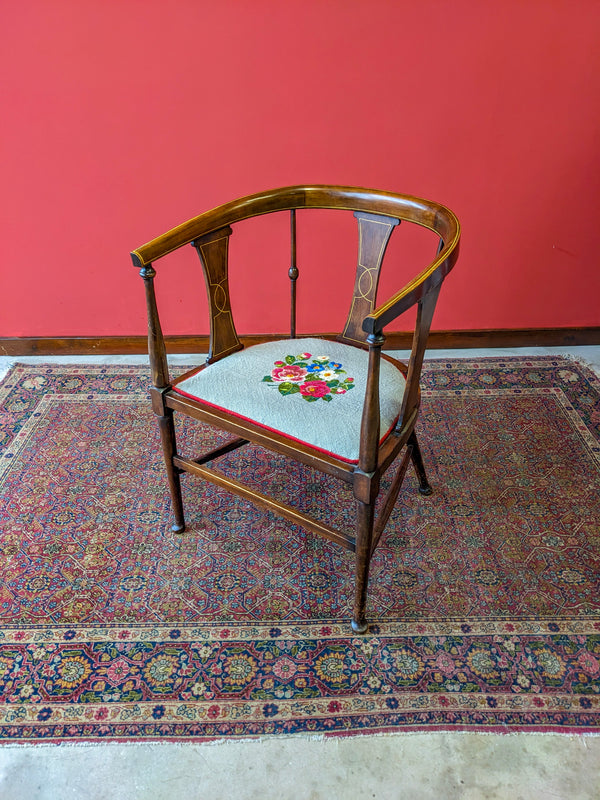 Antique Edwardian Inlaid Mahogany Tapestry Seat Elbow Chair