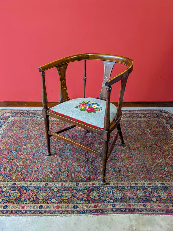 Antique Edwardian Inlaid Mahogany Tapestry Seat Elbow Chair