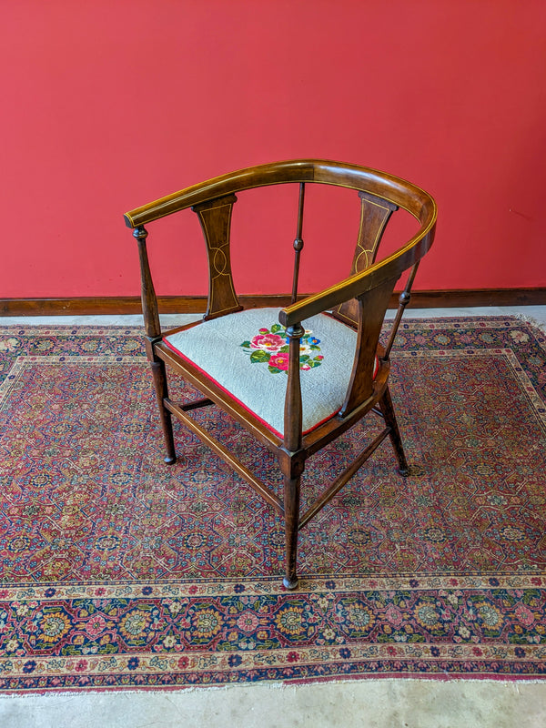 Antique Edwardian Inlaid Mahogany Tapestry Seat Elbow Chair