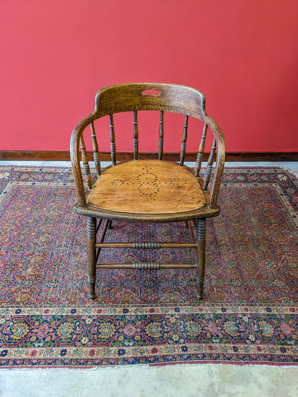 Antique Victorian Spindle Back Oak Captains Armchair