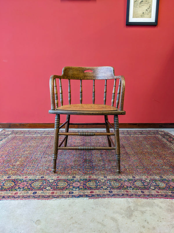 Antique Victorian Spindle Back Oak Captains Armchair