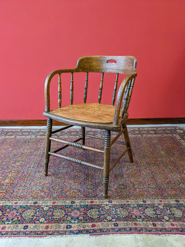 Antique Victorian Spindle Back Oak Captains Armchair