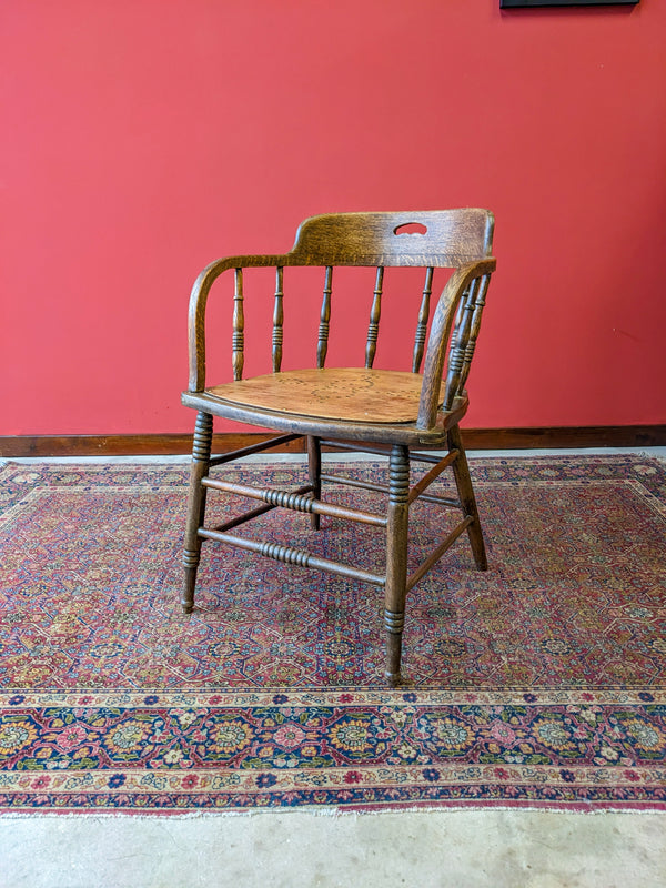 Antique Victorian Spindle Back Oak Captains Armchair