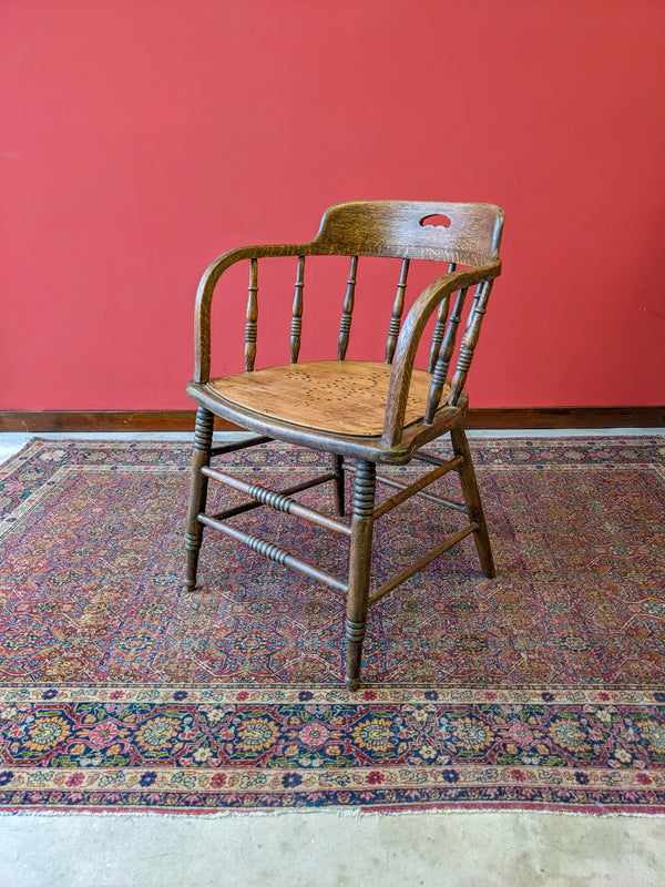 Antique Victorian Spindle Back Oak Captains Armchair