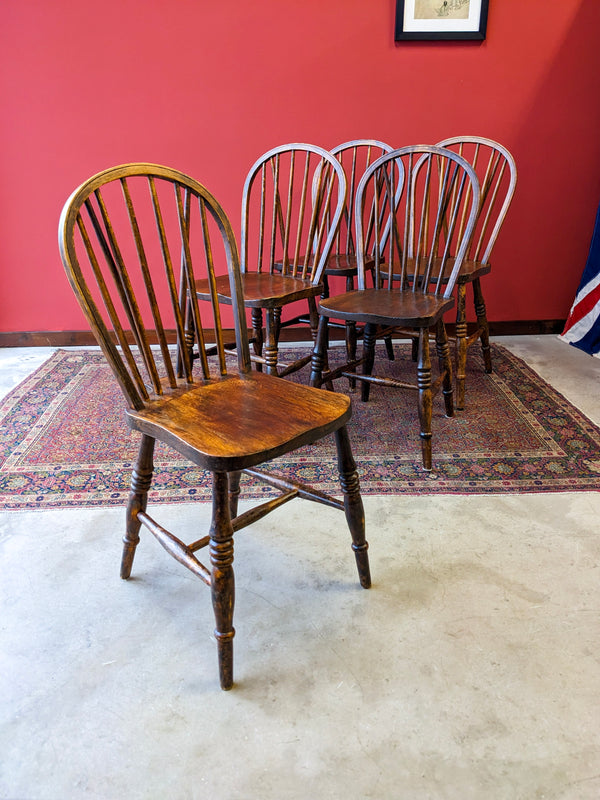 Set of 5 Antique Victorian Elm Spindle Back Dining Chairs