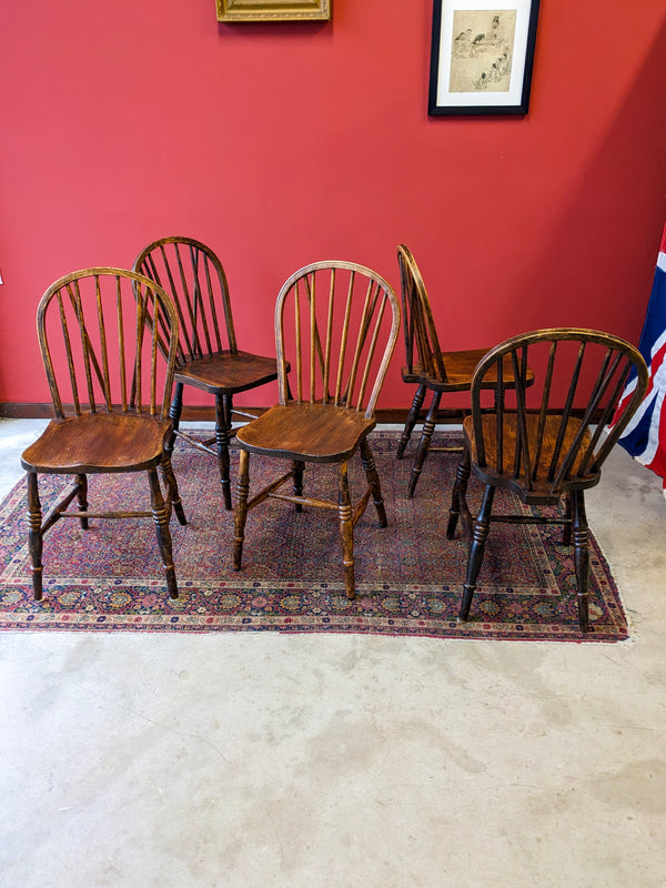 Set of 5 Antique Victorian Elm Spindle Back Dining Chairs