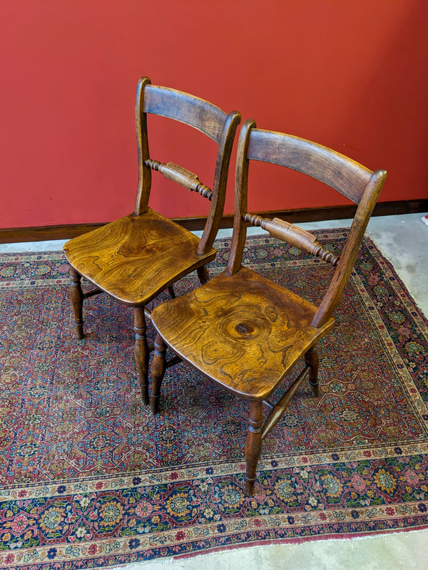 Pair of Antique Mid 19th Century Bar Back Elm Side Chairs