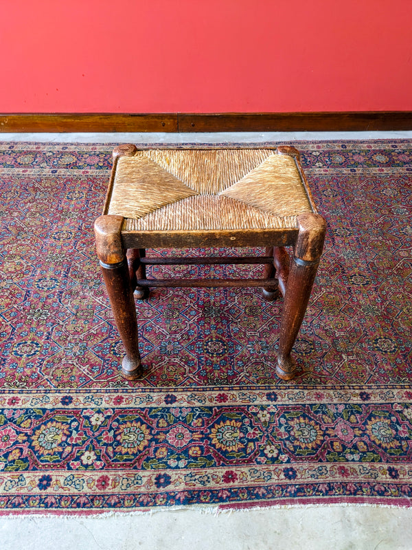 Antique Victorian Oak Rush Seat Stool / Footstool