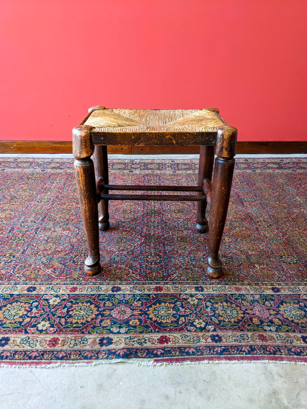 Antique Victorian Oak Rush Seat Stool / Footstool