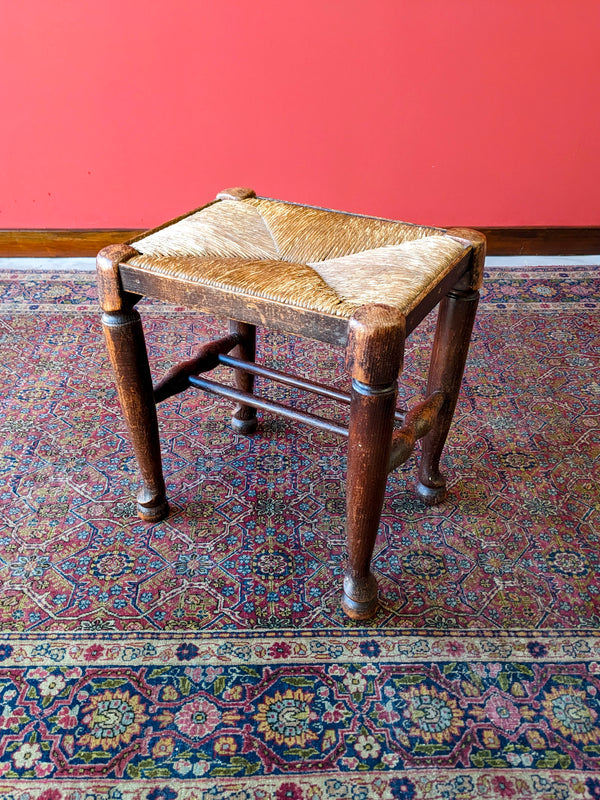 Antique Victorian Oak Rush Seat Stool / Footstool