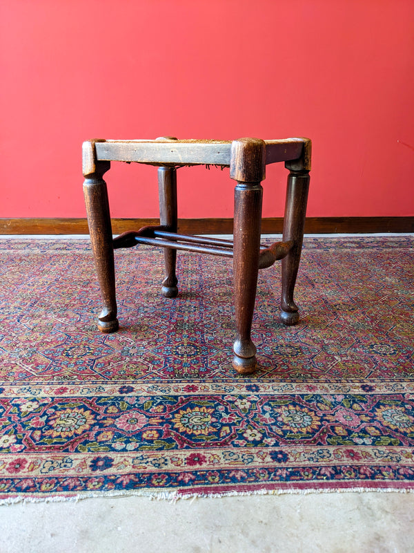 Antique Victorian Oak Rush Seat Stool / Footstool