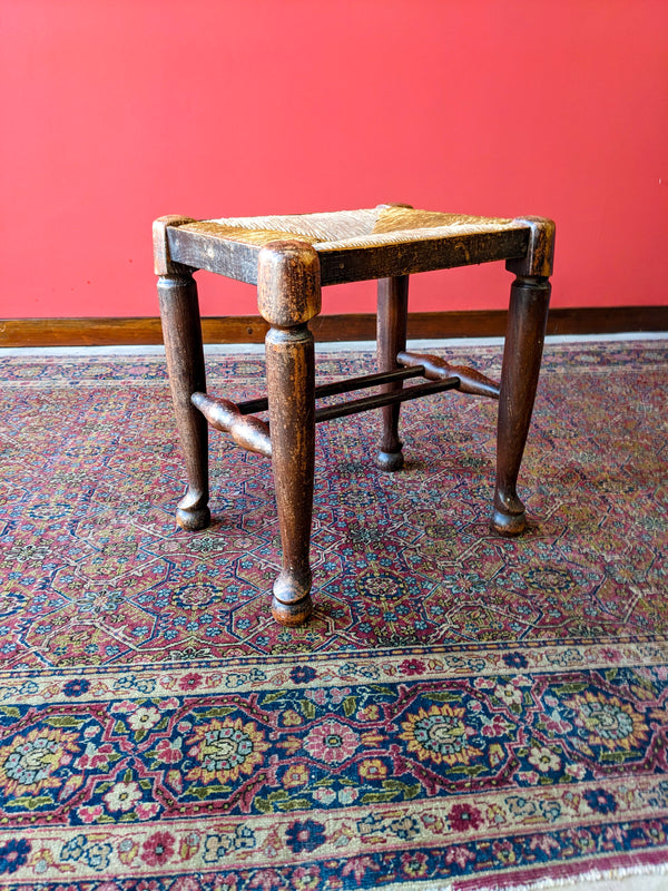 Antique Victorian Oak Rush Seat Stool / Footstool