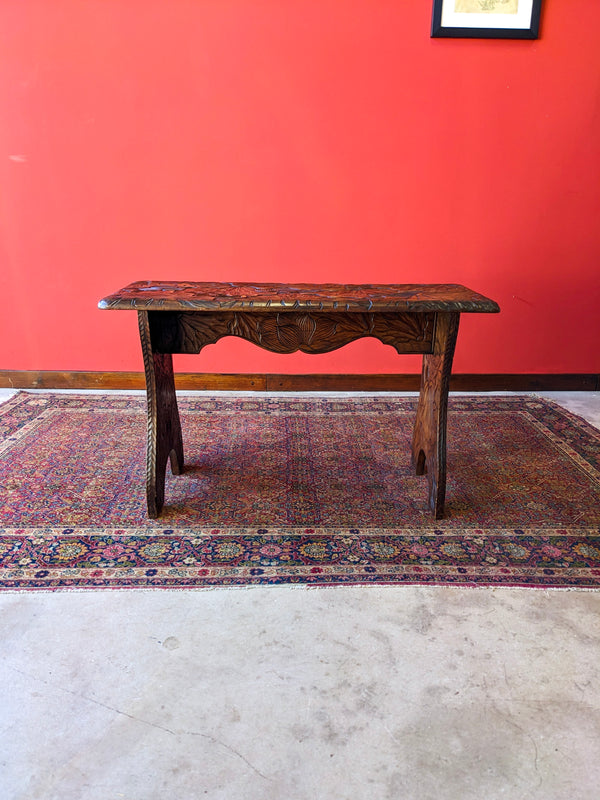 Antique Japanese Style Floral Carved Aesthetic Liberty & Co Side Table / Stool / Hall Bench