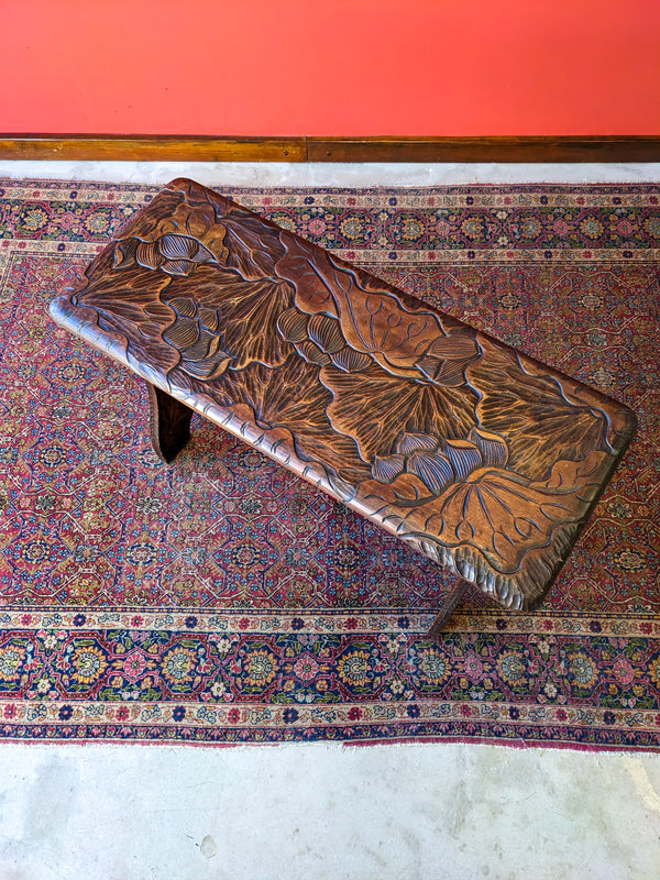 Antique Japanese Style Floral Carved Aesthetic Liberty & Co Side Table / Stool / Hall Bench