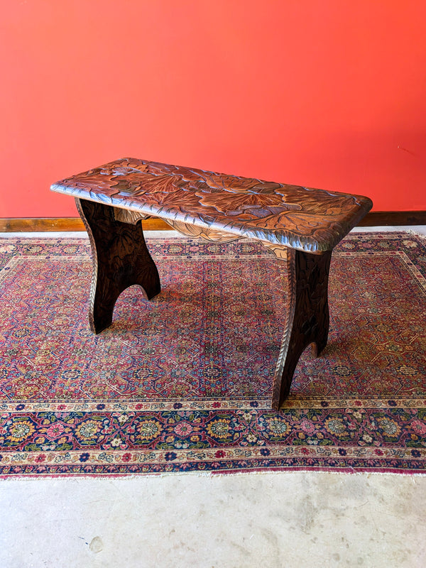 Antique Japanese Style Floral Carved Aesthetic Liberty & Co Side Table / Stool / Hall Bench