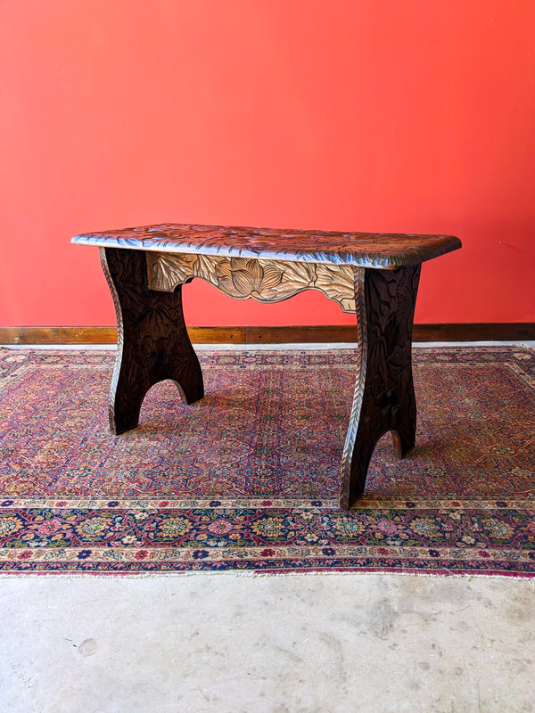 Antique Japanese Style Floral Carved Aesthetic Liberty & Co Side Table / Stool / Hall Bench