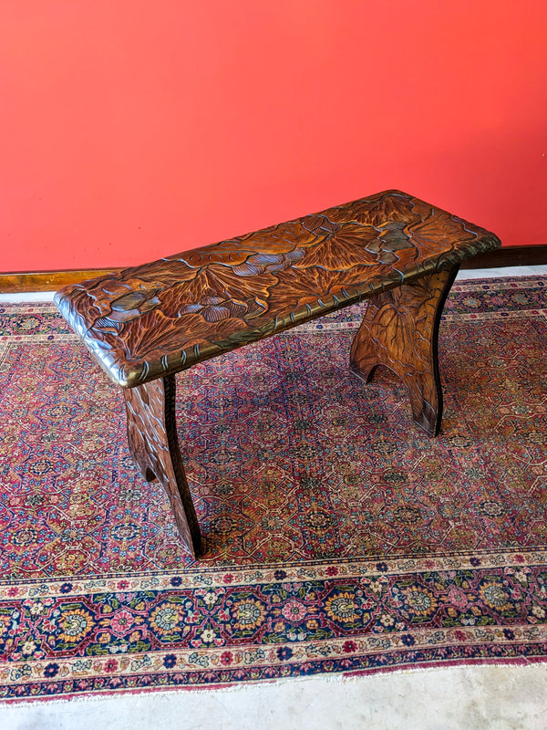 Antique Japanese Style Floral Carved Aesthetic Liberty & Co Side Table / Stool / Hall Bench