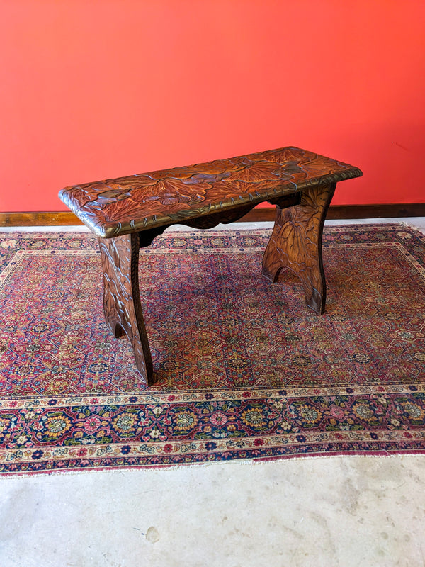 Antique Japanese Style Floral Carved Aesthetic Liberty & Co Side Table / Stool / Hall Bench