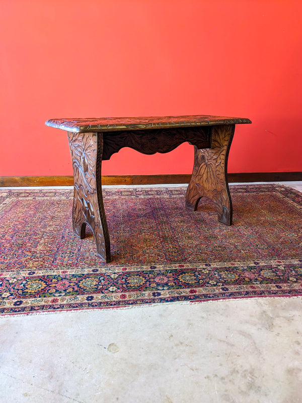 Antique Japanese Style Floral Carved Aesthetic Liberty & Co Side Table / Stool / Hall Bench