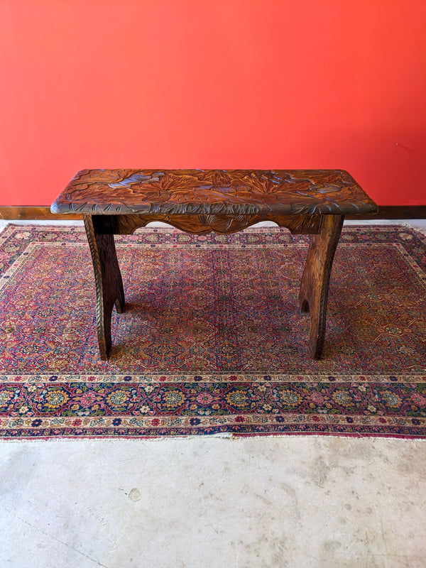 Antique Japanese Style Floral Carved Aesthetic Liberty & Co Side Table / Stool / Hall Bench