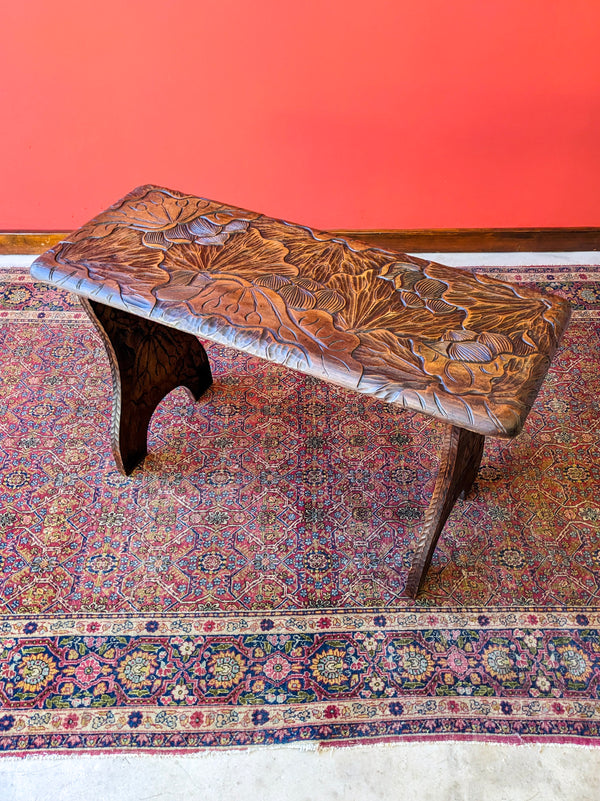 Antique Japanese Style Floral Carved Aesthetic Liberty & Co Side Table / Stool / Hall Bench