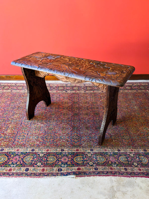 Antique Japanese Style Floral Carved Aesthetic Liberty & Co Side Table / Stool / Hall Bench