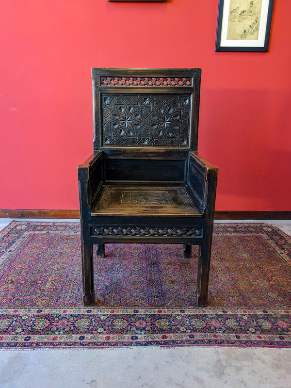 Antique 19th Century Moorish Style Carved Ebonised Throne Chair / Hall Chair