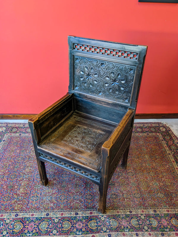 Antique 19th Century Moorish Style Carved Ebonised Throne Chair / Hall Chair