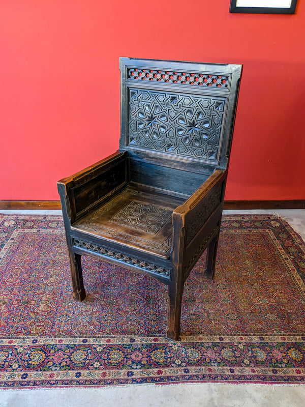 Antique 19th Century Moorish Style Carved Ebonised Throne Chair / Hall Chair