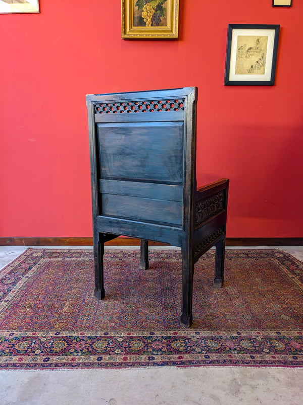 Antique 19th Century Moorish Style Carved Ebonised Throne Chair / Hall Chair